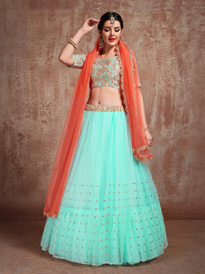 Rajwada Women Sea Green Stunning Semi Stitched Lehenga With Unstitched Blouse