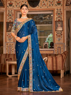 Rajwada Women Dark Blue Organza Embroidered Saree With Unstitched Blouse