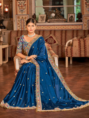 Rajwada Women Dark Blue Organza Embroidered Saree With Unstitched Blouse