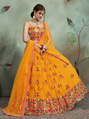Rajwada Women Mustard Color Soft Net Sequins Semi Stitched Lehenga With Unstitched Blouse