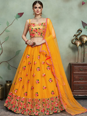 Rajwada Women Mustard Color Soft Net Sequins Semi Stitched Lehenga With Unstitched Blouse