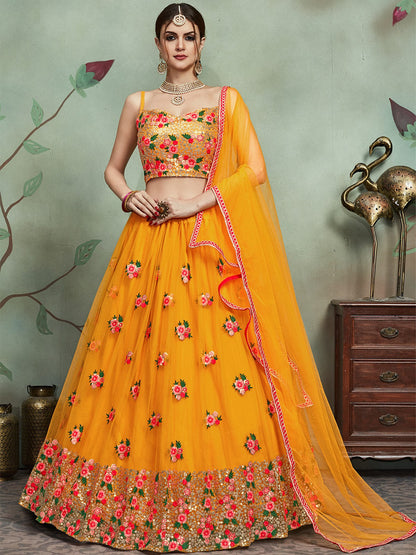 Rajwada Women Mustard Color Soft Net Sequins Semi Stitched Lehenga With Unstitched Blouse