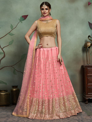 Rajwada Women Peach Soft Net Seqins Semi Stitched Lehenga With Unstitched Blouse