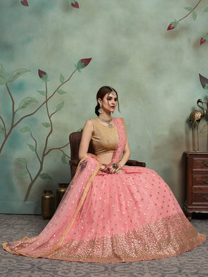 Rajwada Women Peach Soft Net Seqins Semi Stitched Lehenga With Unstitched Blouse