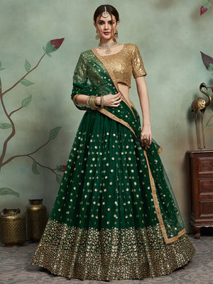 Rajwada Women Stylish Dark Green Soft Net Semi Stitched Lehenga With Unstitched Blouse