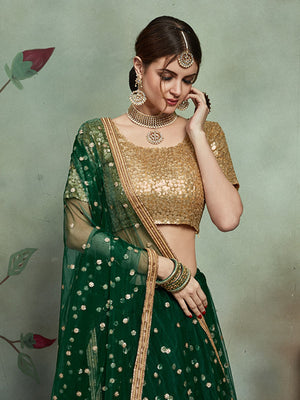 Rajwada Women Stylish Dark Green Soft Net Semi Stitched Lehenga With Unstitched Blouse