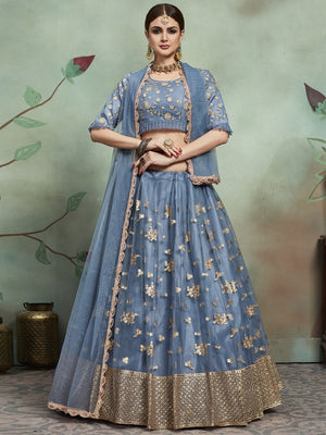 Rajwada Women Grey Designer Semi Stitched Lehenga With Unstitched Blouse
