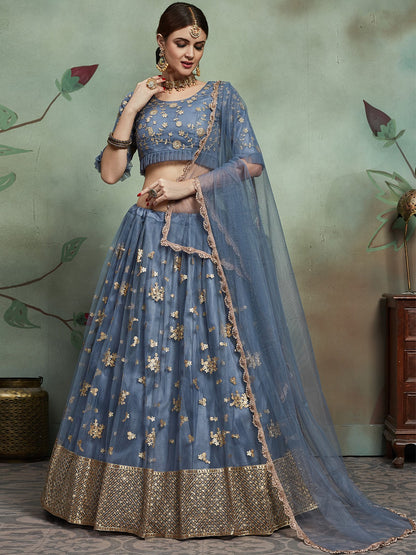 Rajwada Women Grey Designer Semi Stitched Lehenga With Unstitched Blouse