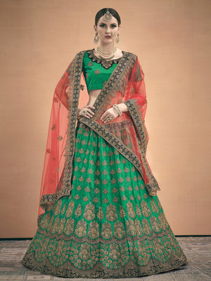 Rajwada Women Green Embroidered Bridal Semi Stitched Lehenga With Unstitched Blouse
