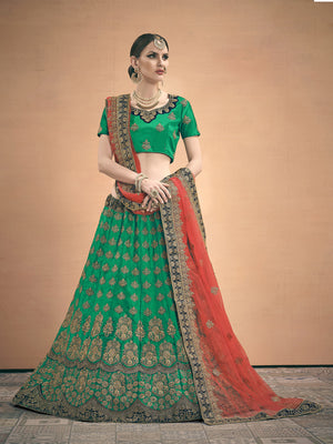 Rajwada Women Green Embroidered Bridal Semi Stitched Lehenga With Unstitched Blouse