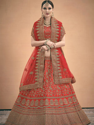 Rajwada Women Red Embroidered Bridal Semi Stitched Lehenga With Unstitched Blouse