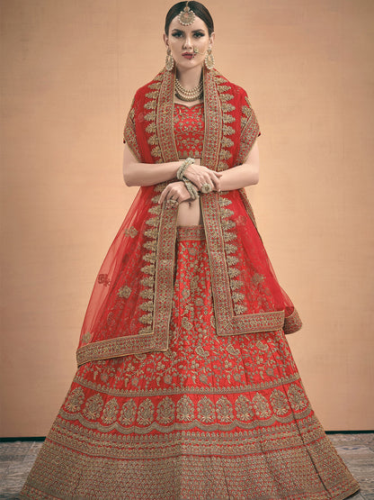 Rajwada Women Red Embroidered Bridal Semi Stitched Lehenga With Unstitched Blouse