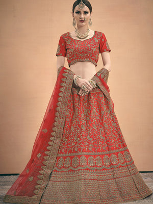 Rajwada Women Red Embroidered Bridal Semi Stitched Lehenga With Unstitched Blouse