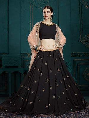 Rajwada Women Black Classy Semi Stitched Lehenga With Unstitched Blouse