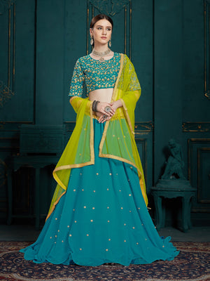 Rajwada Women Teal Georgette Sassy Semi Stitched Lehenga With Unstitched Blouse