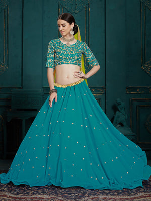 Rajwada Women Teal Georgette Sassy Semi Stitched Lehenga With Unstitched Blouse