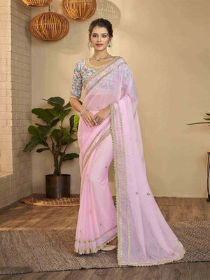 Rajwada Pink Embroidered Organza Saree With Unstitched Blouse For Women