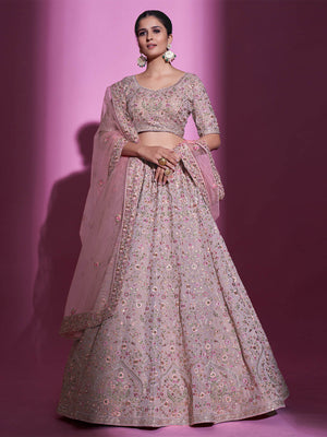 Rajwada Women Peach Georgette Embroidered Semi Stitched Lehenga With Unstitched Blouse