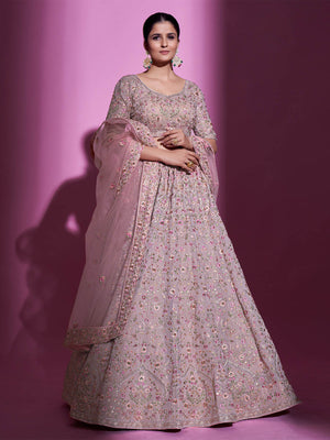 Rajwada Women Peach Georgette Embroidered Semi Stitched Lehenga With Unstitched Blouse