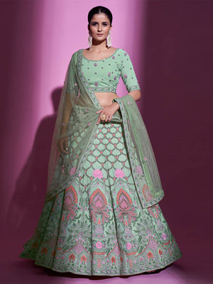 Rajwada Women Sea Green Georgette Embroidered Semi Stitched Lehenga With Unstitched Blouse
