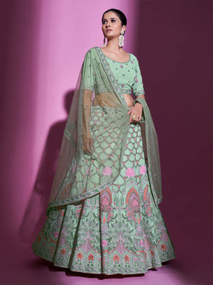 Rajwada Women Sea Green Georgette Embroidered Semi Stitched Lehenga With Unstitched Blouse