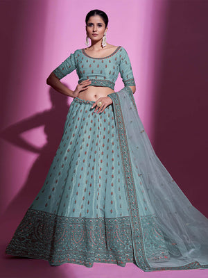 Rajwada Women Blue Silk Blend Embroidered Semi Stitched Lehenga With Unstitched Blouse