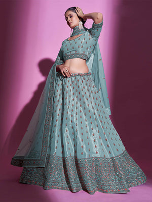 Rajwada Women Blue Silk Blend Embroidered Semi Stitched Lehenga With Unstitched Blouse