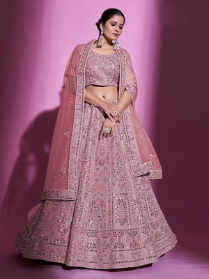 Rajwada Women Pink Silk Blend Embroidered Semi Stitched Lehenga With Unstitched Blouse
