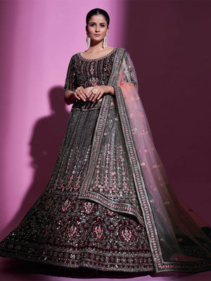 Rajwada Women Violet Crepe Embroidered Semi Stitched Lehenga With Unstitched Blouse