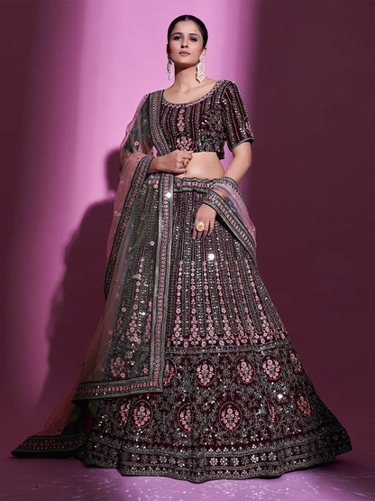 Rajwada Women Violet Crepe Embroidered Semi Stitched Lehenga With Unstitched Blouse