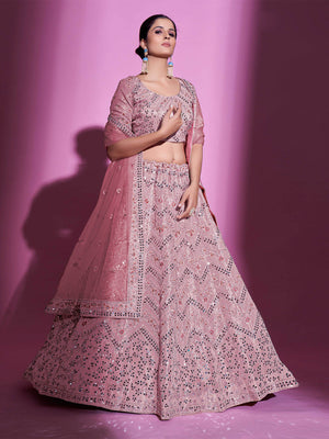 Rajwada Women Pink Silk Blend Embroidered Semi Stitched Lehenga With Unstitched Blouse