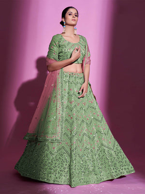 Rajwada Women Green Silk Blend Embroidered Semi Stitched Lehenga With Unstitched Blouse