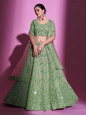 Rajwada Women Green Silk Blend Embroidered Semi Stitched Lehenga With Unstitched Blouse