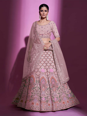 Rajwada Women Peach Georgette Embroidered Semi Stitched Lehenga With Unstitched Blouse