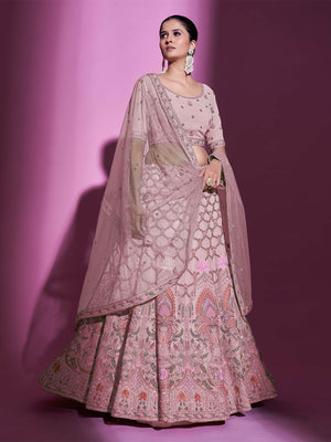 Rajwada Women Peach Georgette Embroidered Semi Stitched Lehenga With Unstitched Blouse