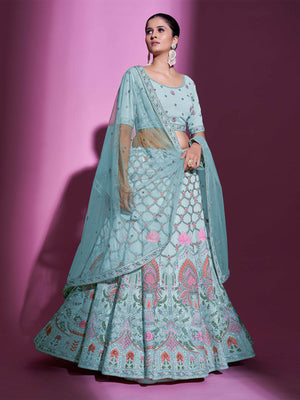 Rajwada Women Blue Georgette Embroidered Semi Stitched Lehenga With Unstitched Blouse