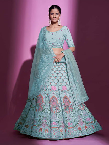 Rajwada Women Blue Georgette Embroidered Semi Stitched Lehenga With Unstitched Blouse