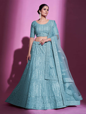 Rajwada Women Blue Net Embroidered Semi Stitched Lehenga With Unstitched Blouse