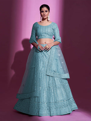 Rajwada Women Blue Net Embroidered Semi Stitched Lehenga With Unstitched Blouse