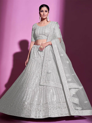 Rajwada Women White Net Embroidered Semi Stitched Lehenga With Unstitched Blouse