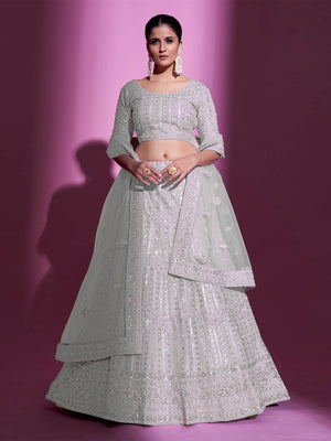 Rajwada Women White Net Embroidered Semi Stitched Lehenga With Unstitched Blouse