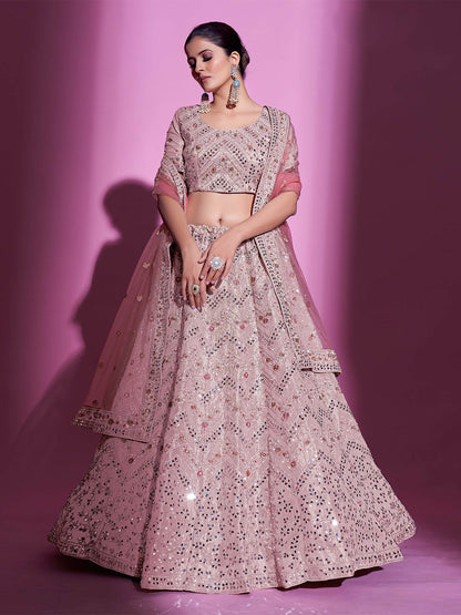 Rajwada Women Peach Silk Blend Embroidered Semi Stitched Lehenga With Unstitched Blouse