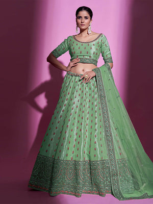 Rajwada Women Green Silk Blend Embroidered Semi Stitched Lehenga With Unstitched Blouse