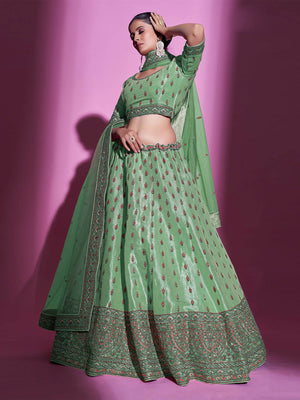 Rajwada Women Green Silk Blend Embroidered Semi Stitched Lehenga With Unstitched Blouse