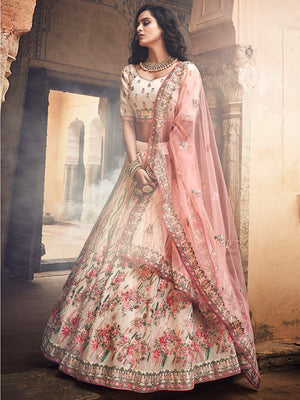 Rajwada Women Apricot Embroidered Organza Semi Stitched Lehenga With Unstitched Blouse
