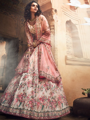 Rajwada Women Apricot Embroidered Organza Semi Stitched Lehenga With Unstitched Blouse