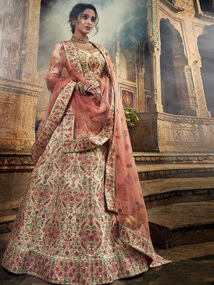 Rajwada Women Peach Art Silk Semi Stitched Lehenga With Unstitched Blouse