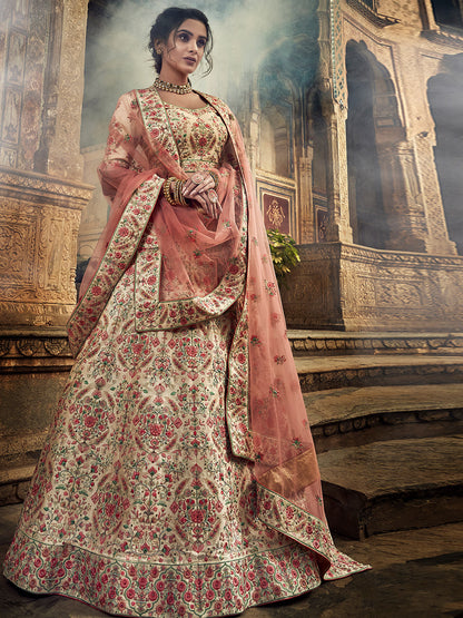 Rajwada Women Peach Art Silk Semi Stitched Lehenga With Unstitched Blouse