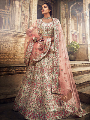 Rajwada Women Peach Art Silk Semi Stitched Lehenga With Unstitched Blouse