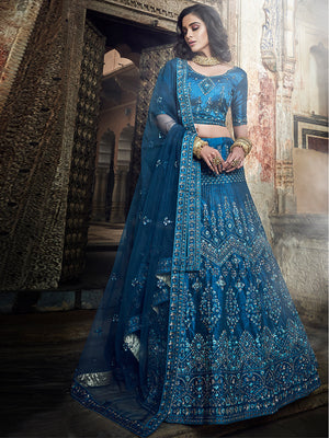 Rajwada Women Dark Blue Embroidered Art Silk Semi Stitched Lehenga With Unstitched Blouse